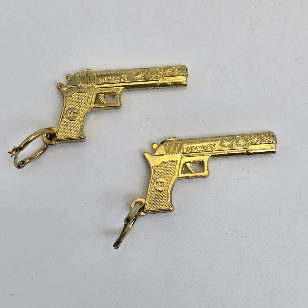 Vintage Gold Tone Pistol Gun Dangle Earrings Novelty Statement Western Cowgirl